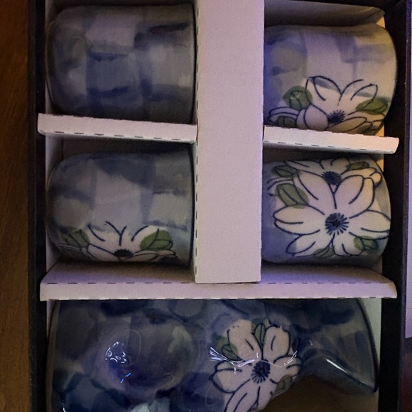 Other - Japanese Blue Floral Ceramic Teapot, Sake Bottle & Cups Set